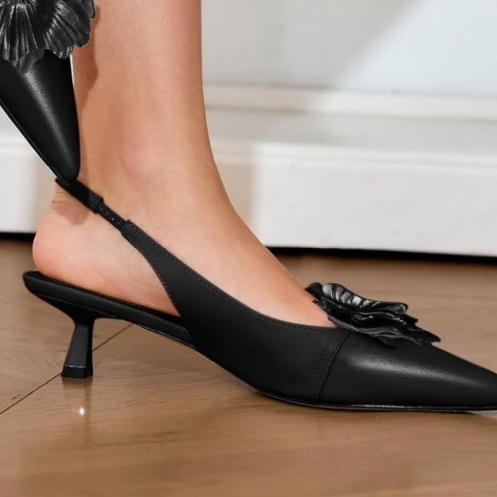 Coutgo Black Leather Floral Pointed Toe Slingback Kitten Heels Women Size 6